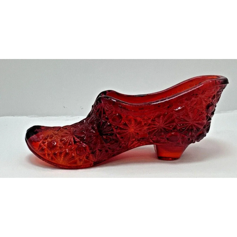 VTG USA Fenton Colonial Green Hobnail Slipper Shoe Ruby Red Daisy and Button